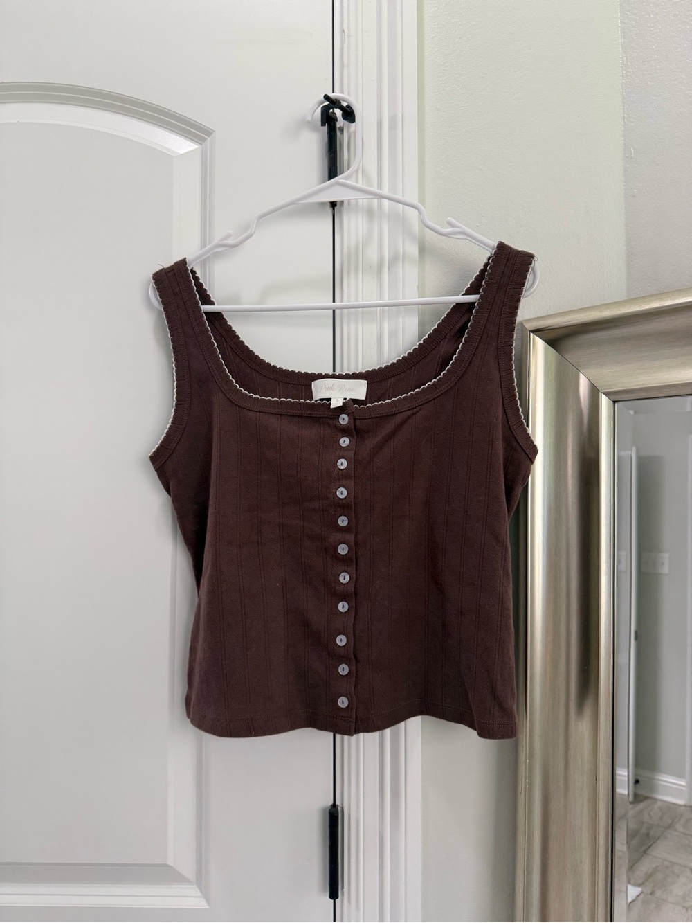 Pink Rose Brown Ribbed Button-Front Tank